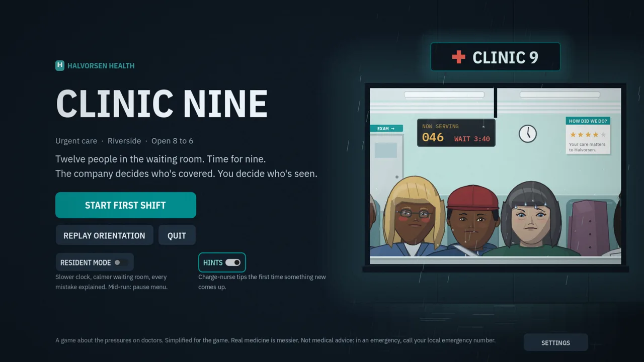 The Clinic Nine title screen: a rainy window onto the Halvorsen Health waiting room, the now-serving board at 046.